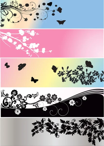 Cinq bandes de feuillage avec des papillons — Image vectorielle