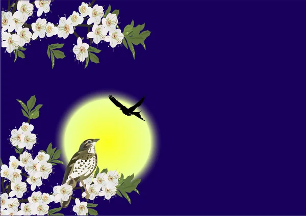 Illustration with white flowers and birds under moon — Stock Vector