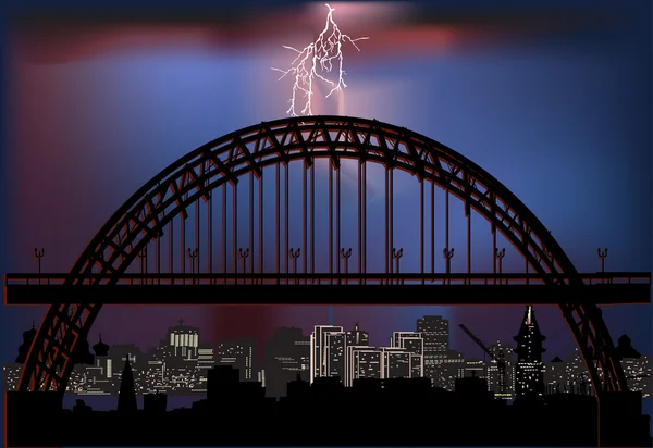 Night city bridge och lightning illustration — Stock vektor