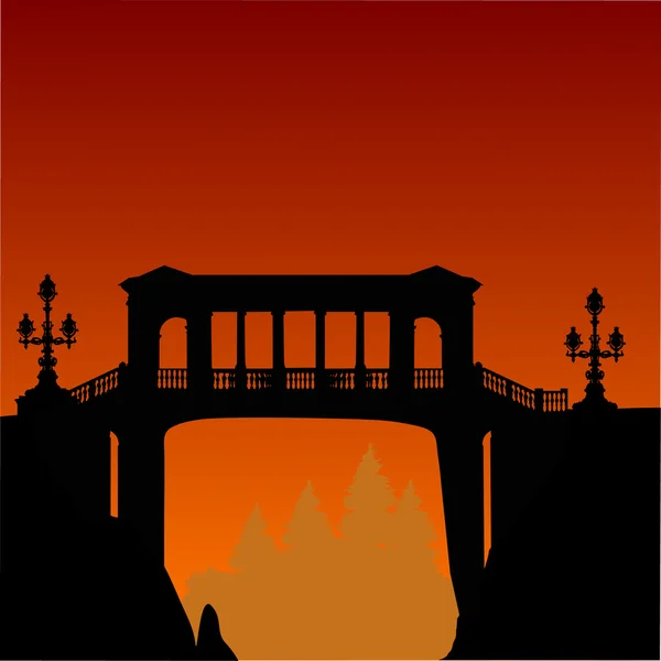 Brug boven de afgrond en oranje zonsondergang — Stockvector