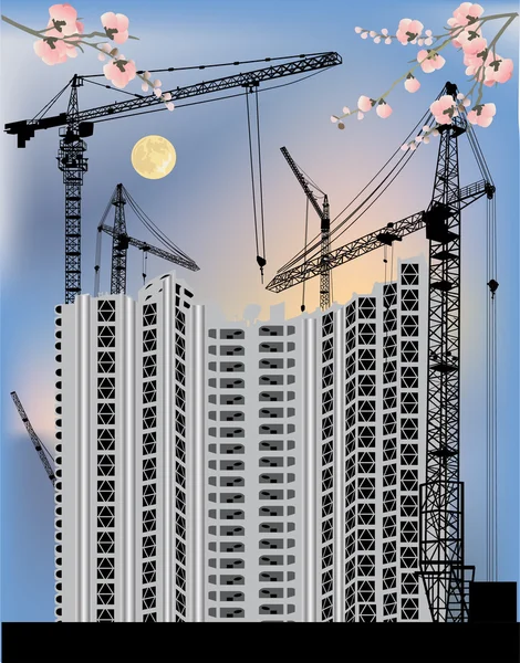 Building-skyscraper Spring blossoming branch — Stock Vector