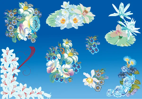 Mavi ışık çiçek süslemeleri kümesi — Stok Vektör