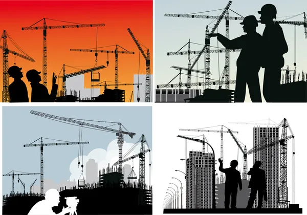 Four compositions with builder and crane silhouettes — Stockvector