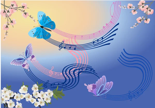 Flores de primavera, borboletas e notas ilustração — Vetor de Stock