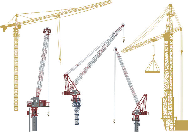 five building cranes isolated on white