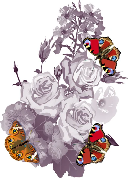 Monochrome rose bouquet and color butterflies — Stock Vector
