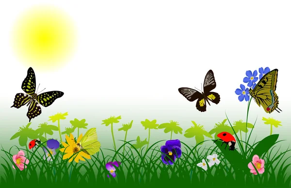 Bahar çiçekleri ve böcekler — Stok Vektör