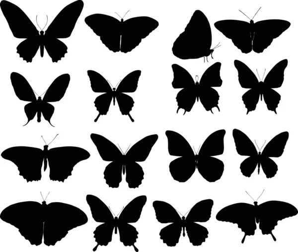 Sixteen black butterfly silhouettes — Stock Vector