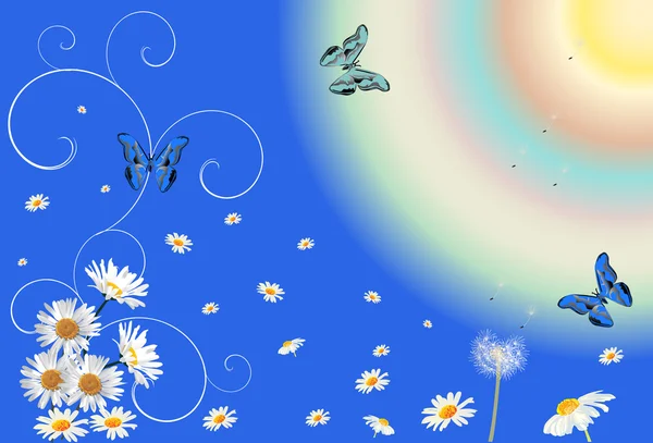 Mariposas azules y decoración de manzanillas blancas — Vector de stock