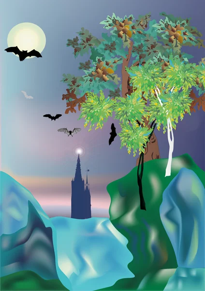 Château de fées près de cascade illustration — Image vectorielle