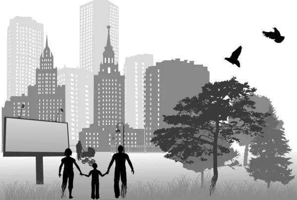 회색 도시 그림 가족 — 스톡 벡터