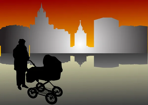 Μητέρα με baby μεταφορά στην πόλη — Διανυσματικό Αρχείο
