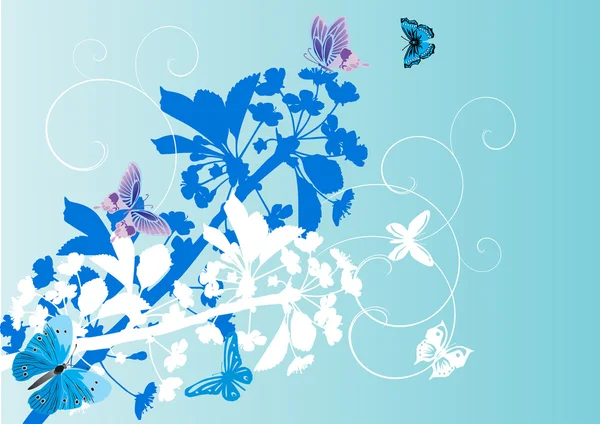 Λευκό και μπλε floral εικονογράφηση με πεταλούδες — Διανυσματικό Αρχείο