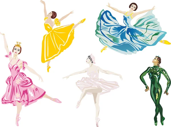 Five color ballet dancers — Stock Vector