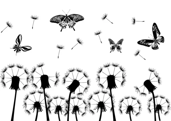 Black dandelions and butterflies — Stock Vector