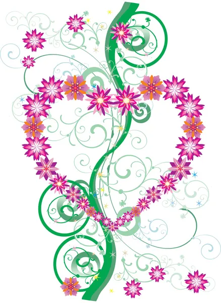 Rosa blomma hjärta och gröna lockar — Stock vektor