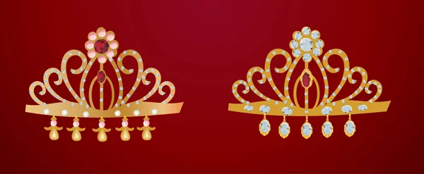 Two gold diadems isolated on red — Stock Vector