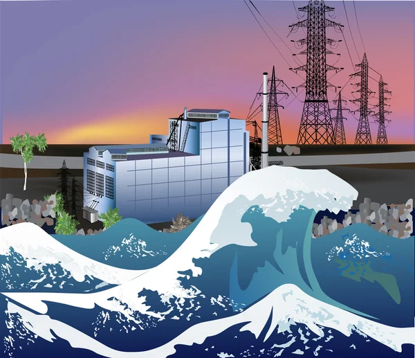 Elektrische elektriciteitscentrale in de buurt van onweer zee — Stockvector