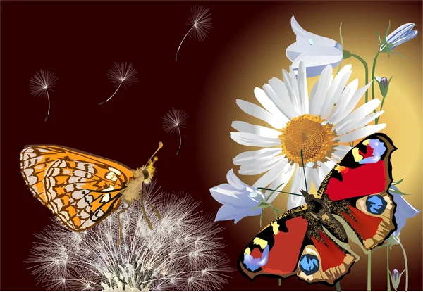 Twee vlinders en paardebloem op donkere achtergrond — Stockvector