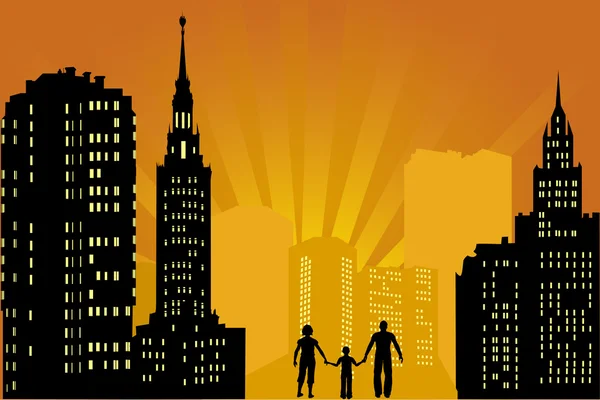 Family in city at orange sunset — Stock Vector