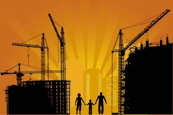 Familie beim Bau der Stadt bei Sonnenuntergang — Stockvektor