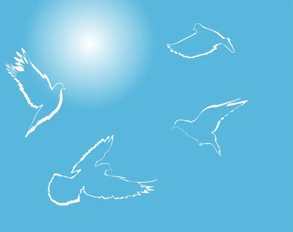 Чотири білі голуби на блакитному небі — стоковий вектор