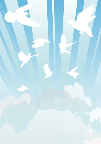 Palomas blancas en un cielo de nubes — Stockvector
