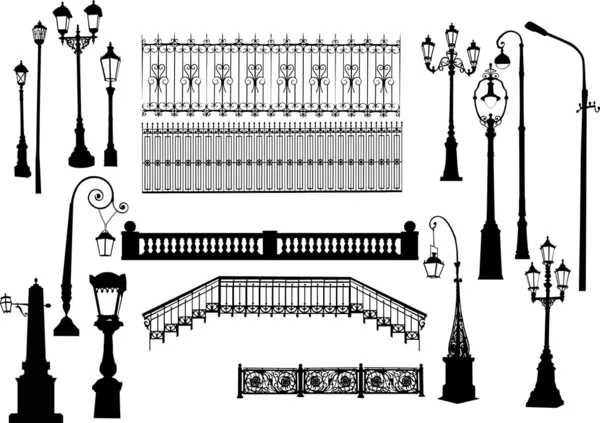 Колекція парканів і вуличних ліхтарів — стоковий вектор
