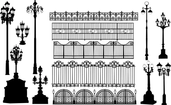 Колекція вуличних ліхтарів і парканів — стоковий вектор