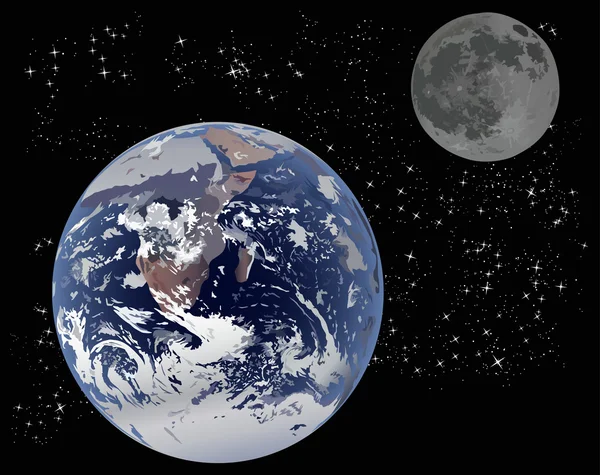 Aarde en de maan op sterren achtergrond — Stockvector