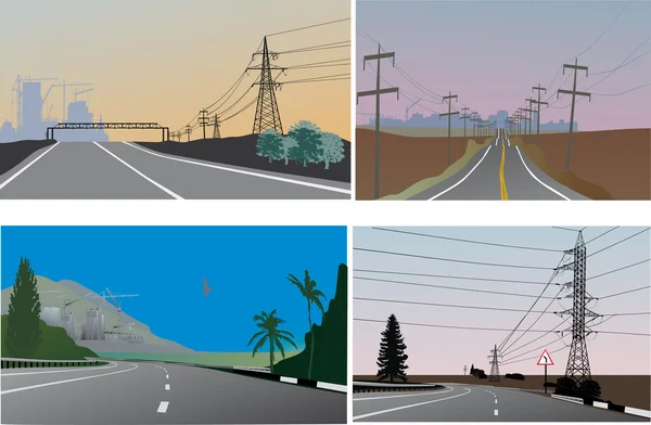 Routes et lignes électriques quatre illustrations — Image vectorielle