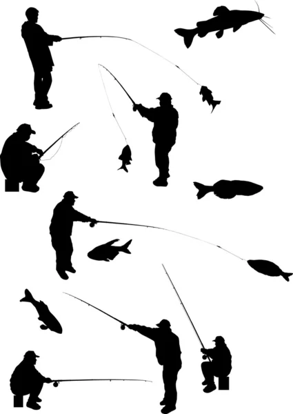 Conjunto de pescadores y peces — Vector de stock