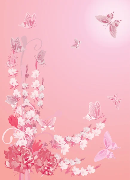 Pink illustration with flowers ans butterflies — Stock Vector