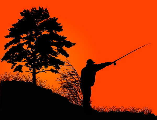 Fisherman under pine at orange sunset — Stock Vector