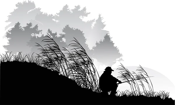 Fisherman silhouette near forest lake — Stock Vector