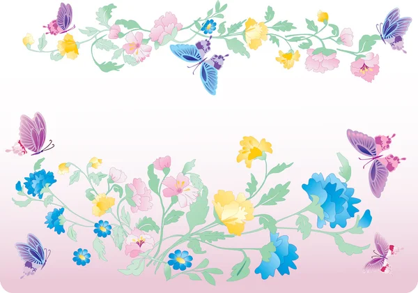 Illustration rosa Schmetterlinge und blaue Blumen — Stockvektor