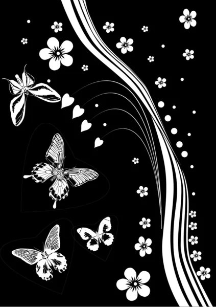 Siluetas blancas de mariposas y flores — Vector de stock