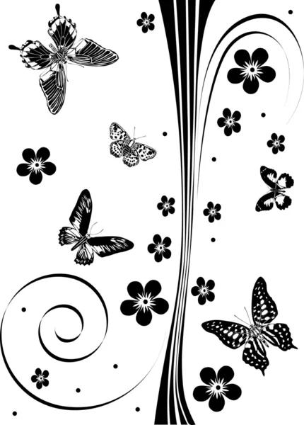 Farfalle nere e decorazione di fiori — Vettoriale Stock