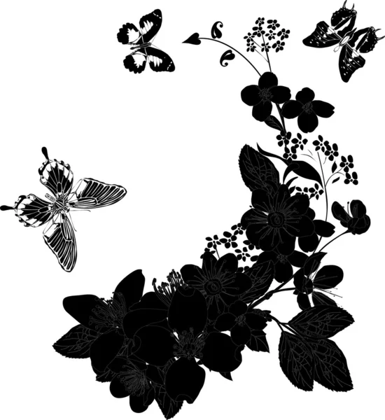 Bloem silhouetten en drie vlinders — Stockvector