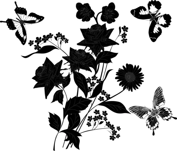 Cacho de rosas pretas com três borboletas — Vetor de Stock