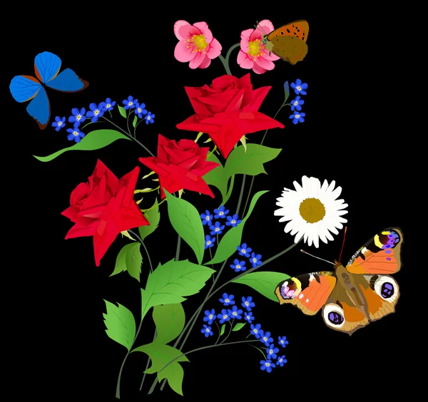 Fjärilar och tre röda ljusa rosor — Stock vektor