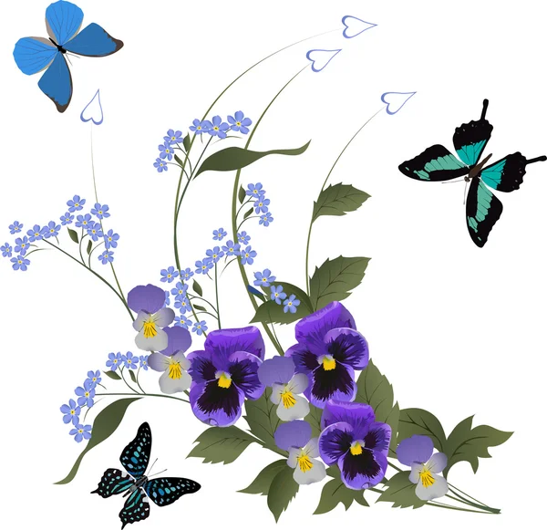 Τρεις πεταλούδες και μπλε λουλούδι μπουκέτο — Διανυσματικό Αρχείο