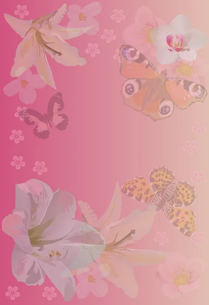 蝶と花とピンクの背景 — ストックベクタ