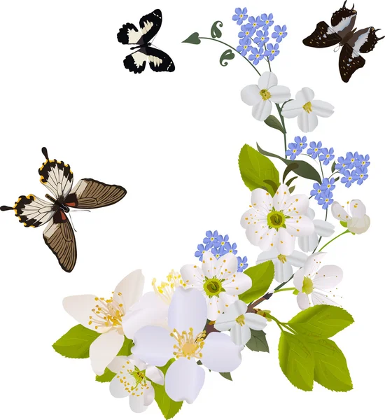 Vita och blå blomma grenar med fjärilar — Stock vektor