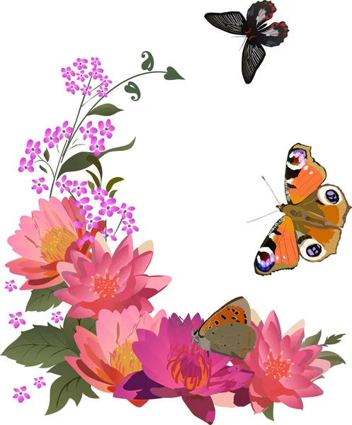 Lily curl bouquet and three butterflies — Stock Vector