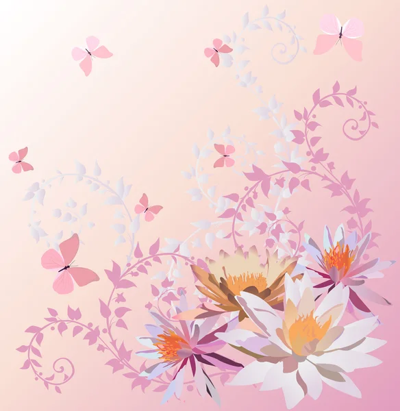 Розовые бабочки и цветы лилии — стоковый вектор
