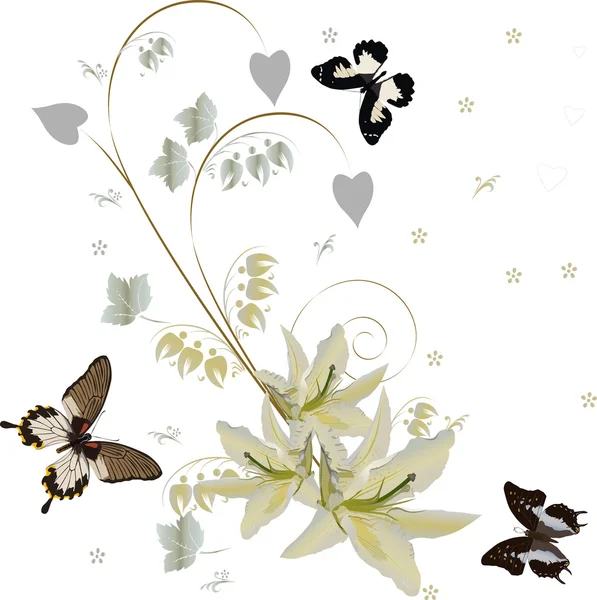Lilienblüten und drei Schmetterlinge — Stockvektor