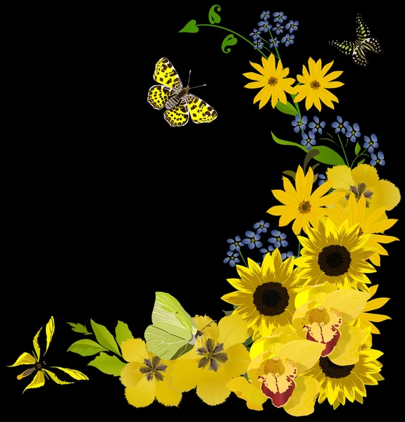 Yellow butterflies and flower corner on black — Stock Vector