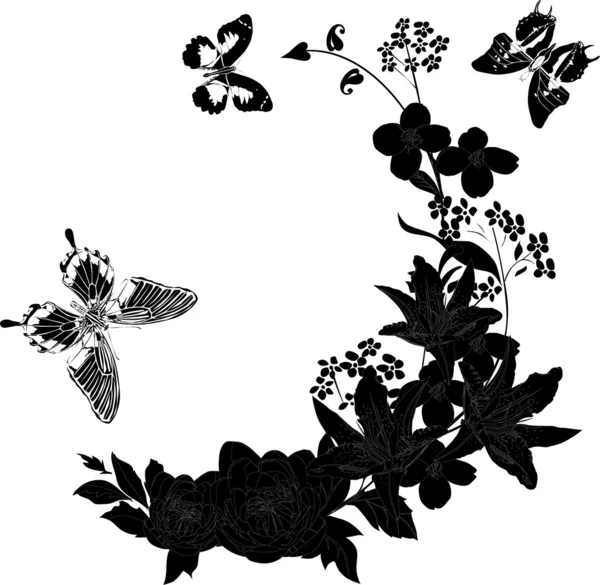Blumen und drei schwarze Schmetterlinge — Stockvektor