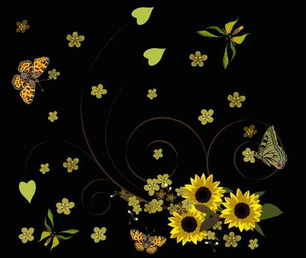 Parlak ayçiçeği ve siyah kelebekler — Stok Vektör